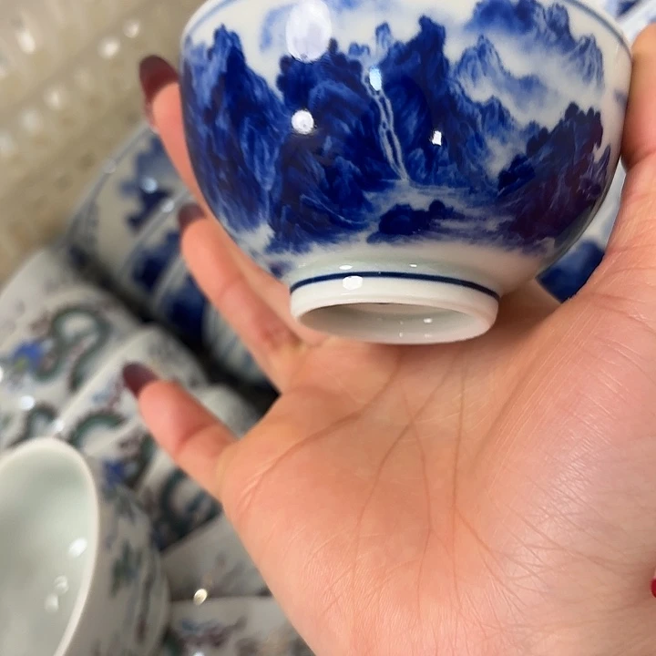 摆件陶青花千里江山鸡心杯