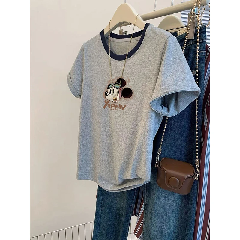 小众不撞款拼接色正肩圆领短袖t恤女2025新款休闲洋气上衣打底衫