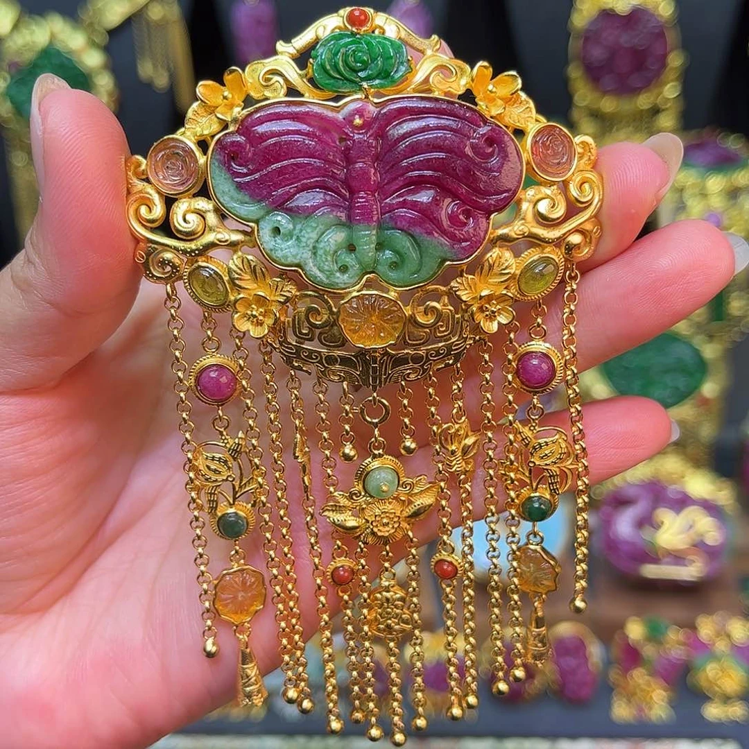 银S925镀金镶嵌吊坠(不含链)红宝石红绿宝蝴蝶吊坠