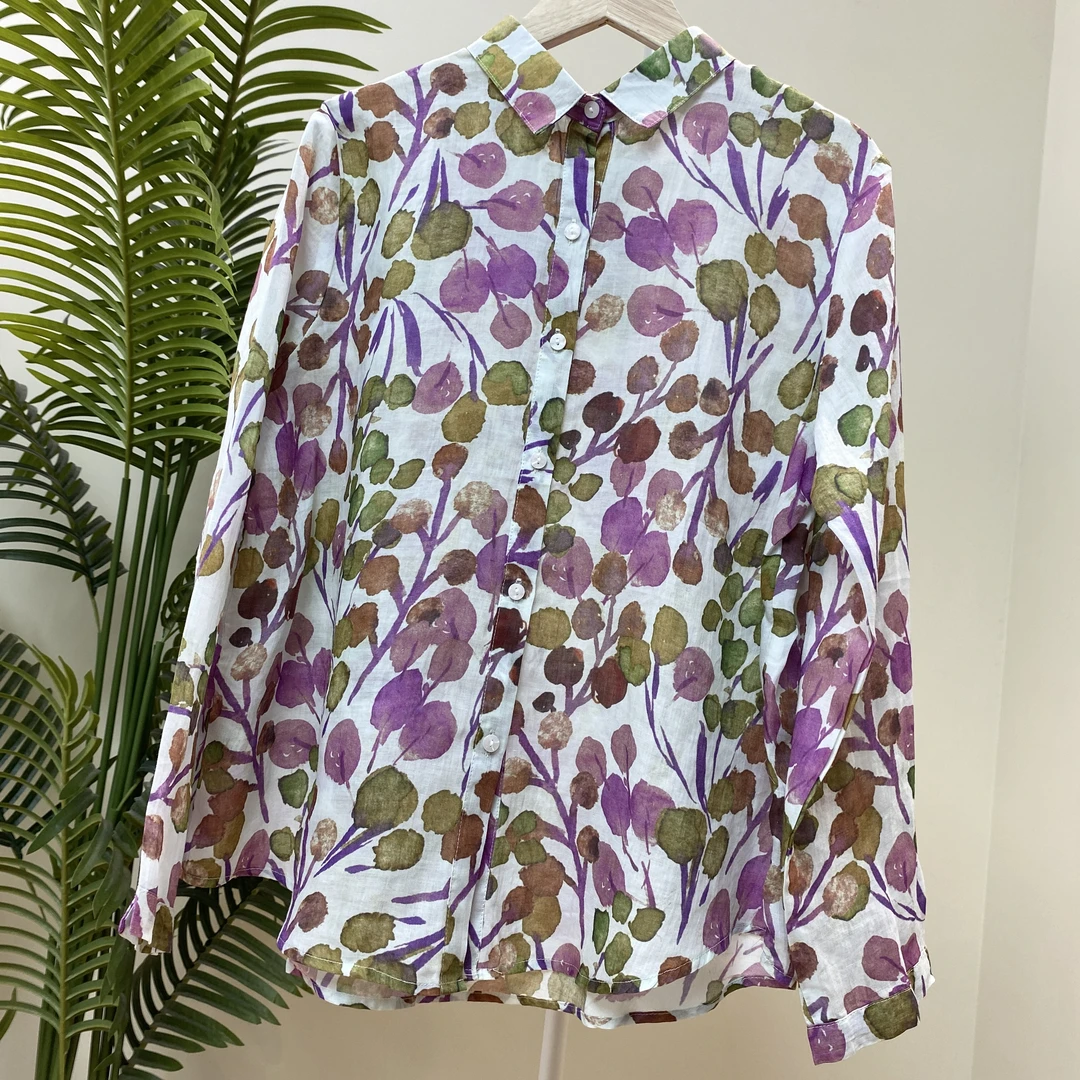 【紫叶阑珊印花苎麻衬衫】3361