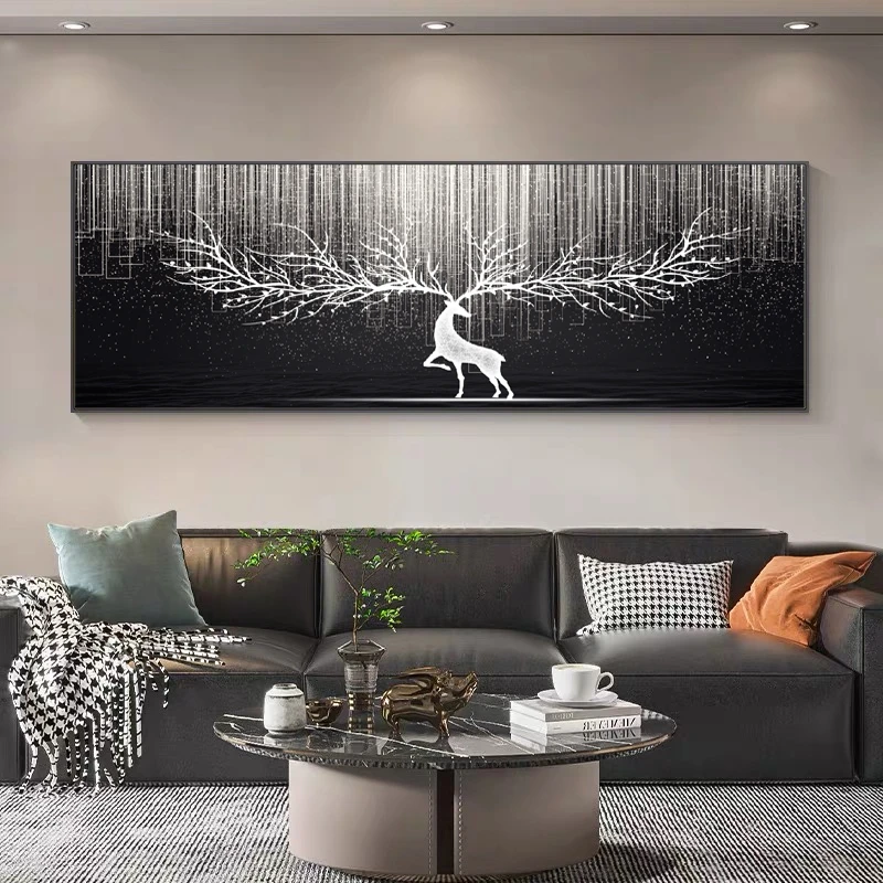 现代轻奢客厅装饰画发光沙发背景墙挂画麋鹿壁画横幅高档晶瓷挂画