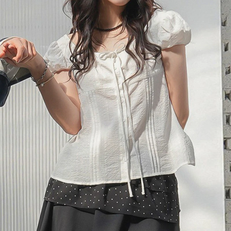 ClassicVibe法式少女圆领泡泡袖纯色衬衫上衣女夏季小众设计系带