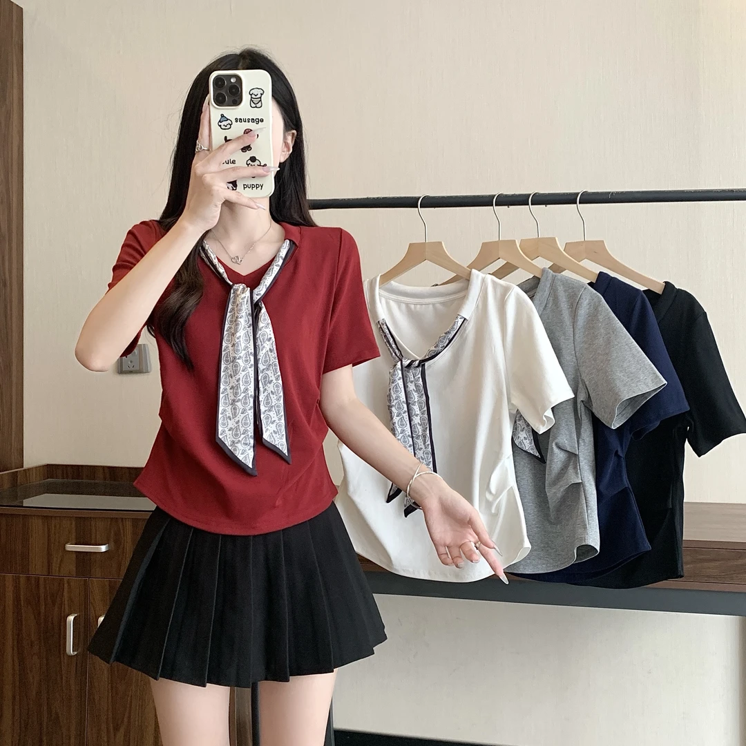 2025夏季新款夏装大码女装设计感丝百搭显瘦巾系带短袖T恤女
