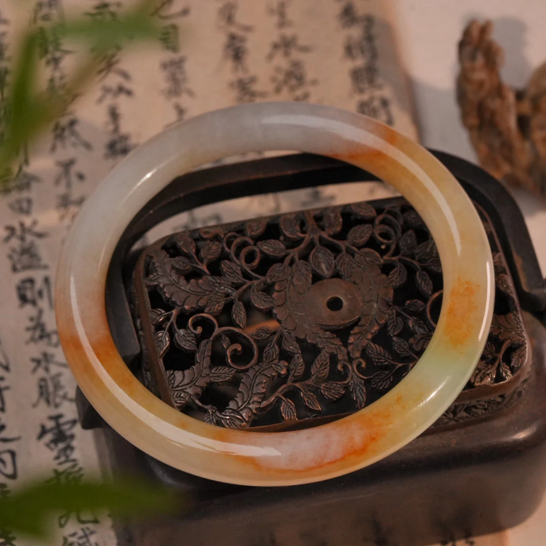 【惜拾妆匣】细糯特色黄加绿老坑种圆条缅甸A货翡翠手镯圈口伍柒