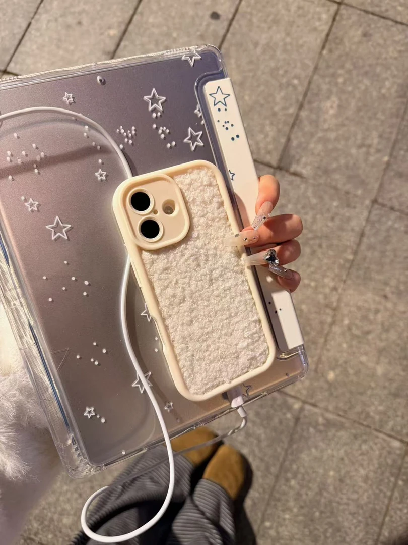 ins秋冬纯色毛绒适用苹果17pro/16pro/iPhone14金钢砂手机壳15