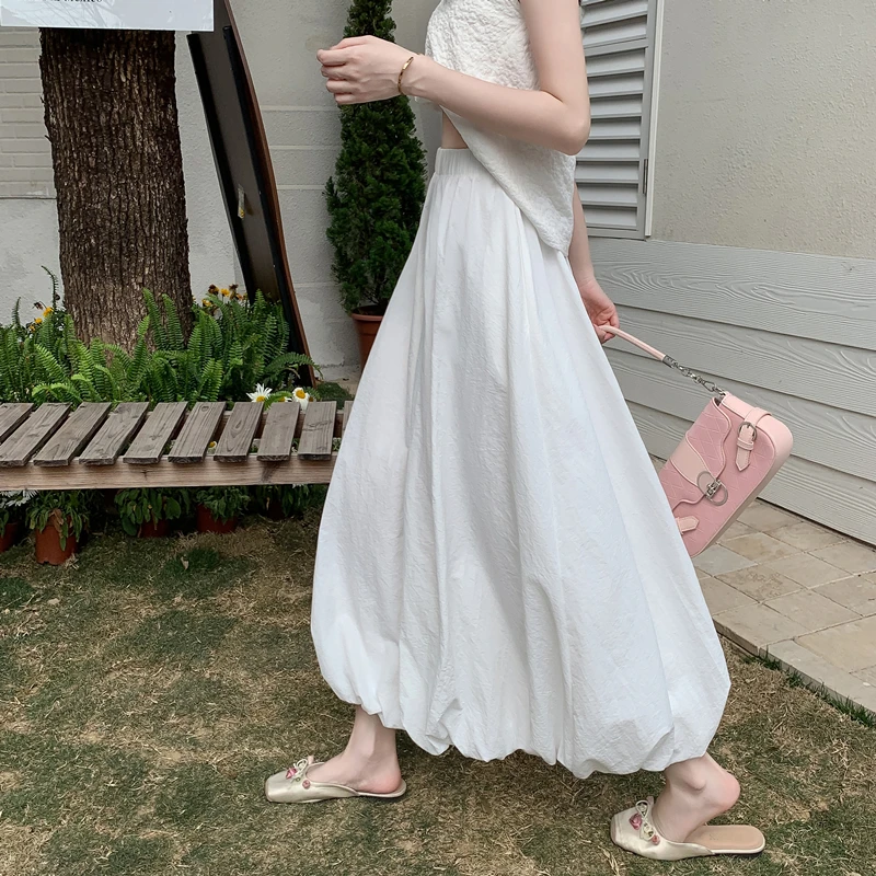 白色花苞半身裙女夏季2025新款高腰显瘦a字半裙中长款云朵蓬蓬裙