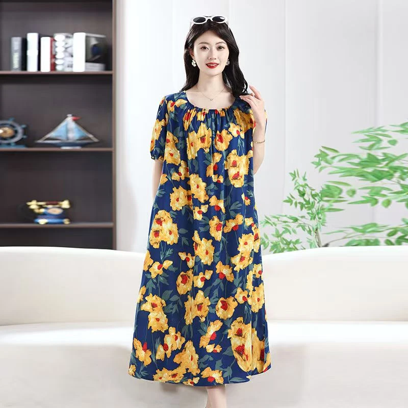 长裙快递 优雅女人夏季长款连衣裙慵懒感居家棉绸加长版宽松遮肉
