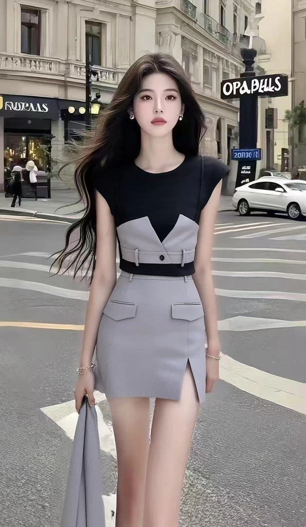 新款时尚轻奢显瘦短裙撞色拼接圆领修身收腰包臀连衣裙氛围感女装