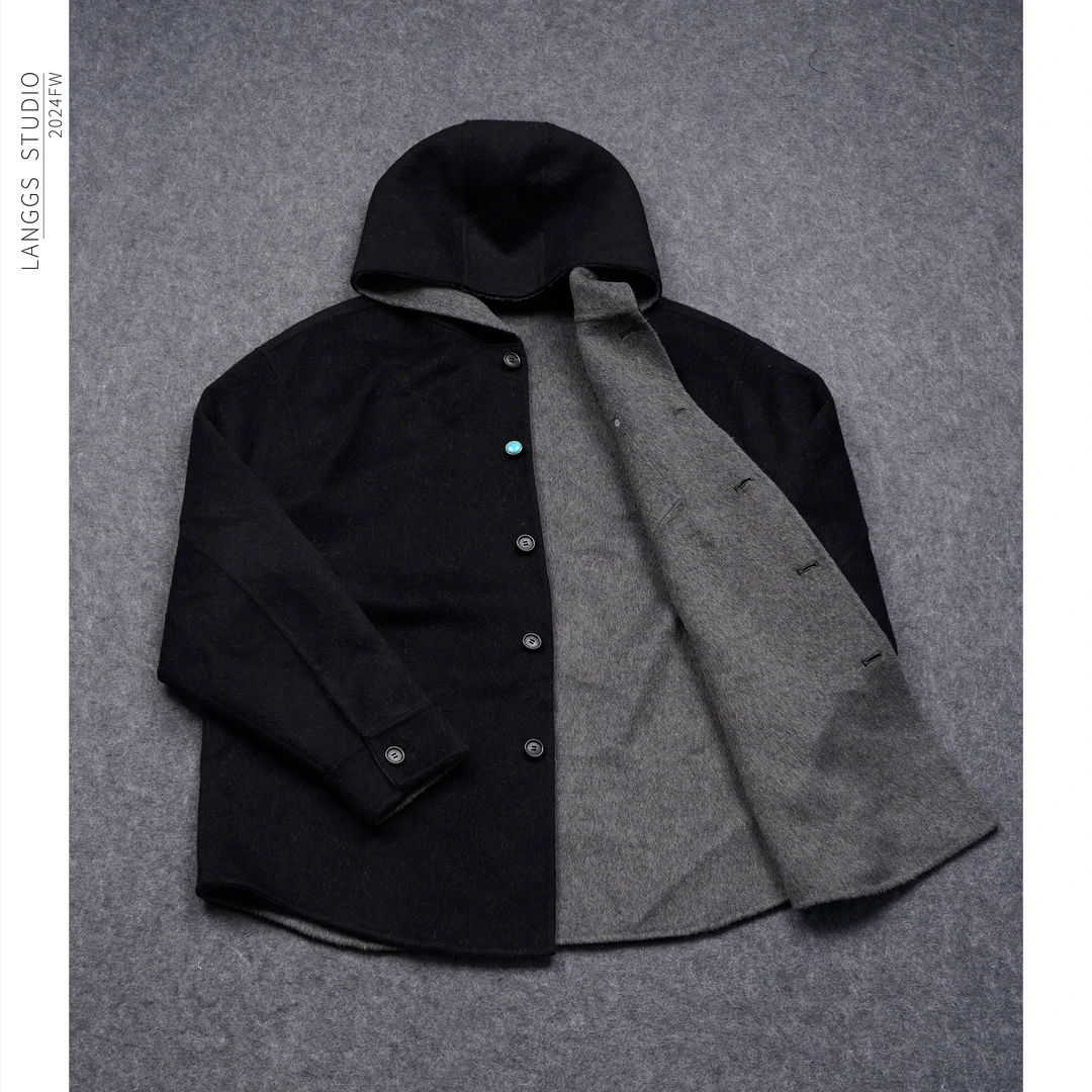 LANGGS&木子里 秋冬季休闲连帽毛呢大衣高级感百搭外套-FW44104