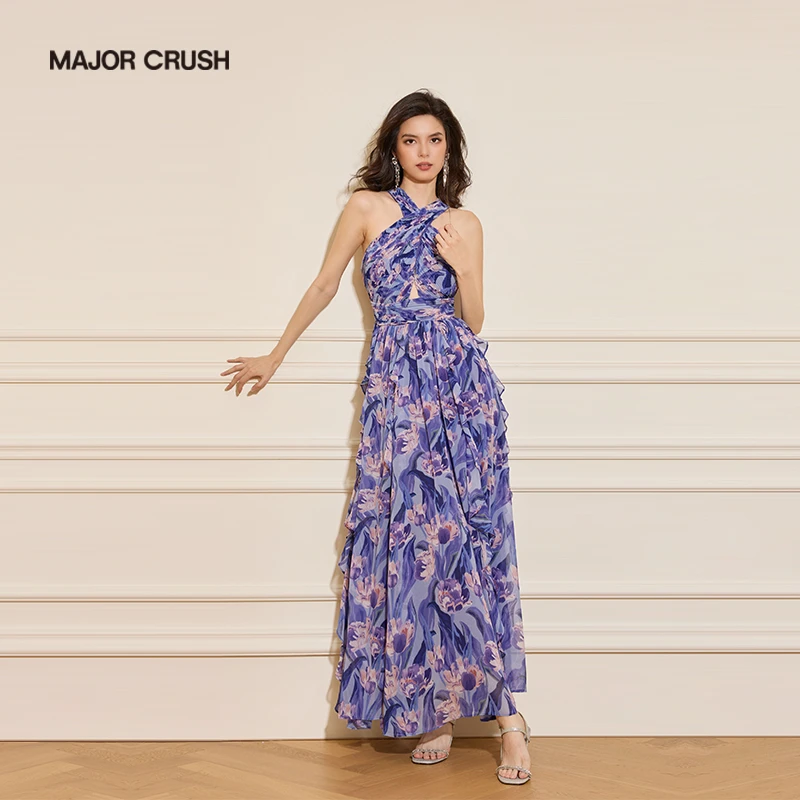 MAJOR CRUSH早秋新款显瘦气质碎花收腰彩蝶恋舞挂脖连衣裙7064