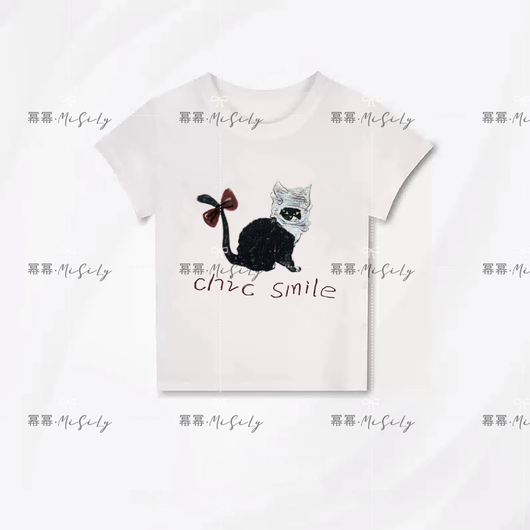 【蝴蝶结猫咪】趣味可爱 图案印花短袖T恤女 夏季修身显瘦上衣