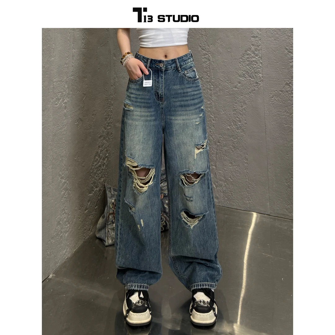 【7638】夏季新款复古设计感破洞高腰阔腿牛仔裤