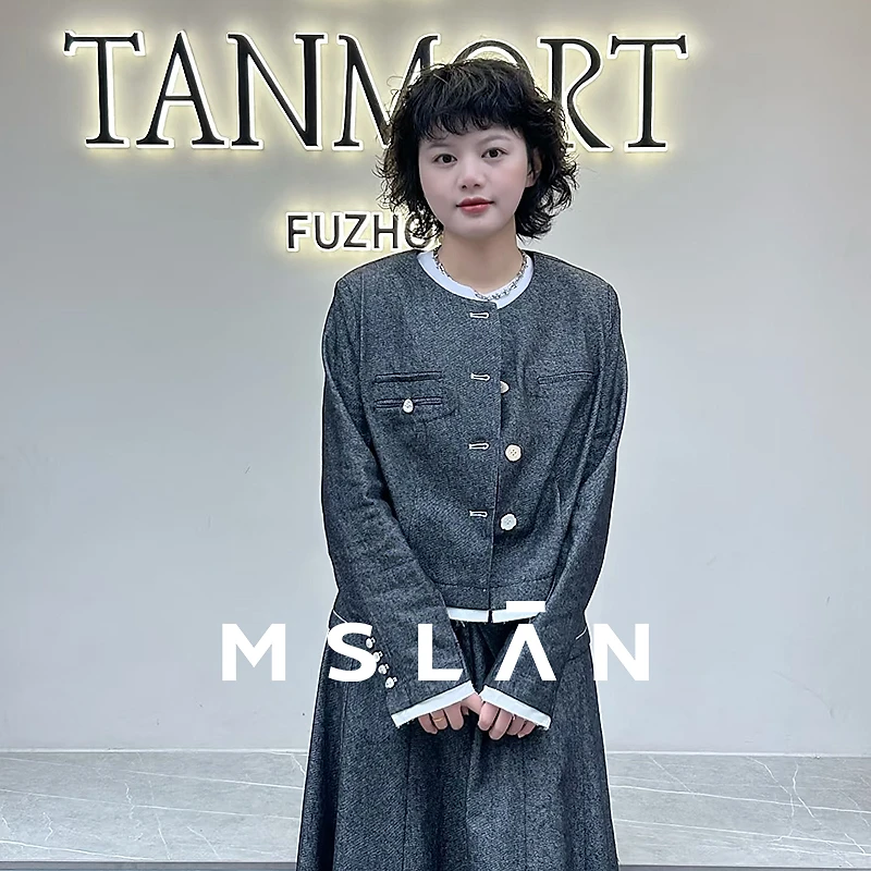 MSLAN春季新款假两件撞色拼接小香风圆领牛仔外套MHAW0451