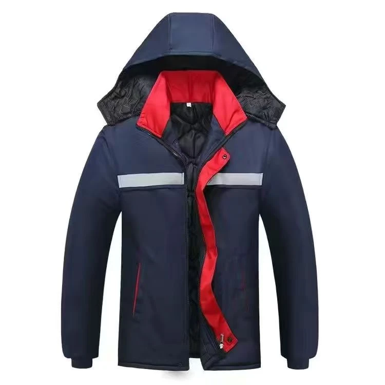 冬季户外劳保棉袄外套耐脏防寒保暖工作服男连帽中长款反光条棉衣