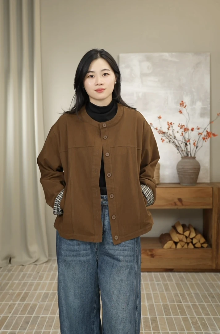 九月JIUYUE 复古港风百搭工装外套纯色圆领长袖格子夹克女 25119