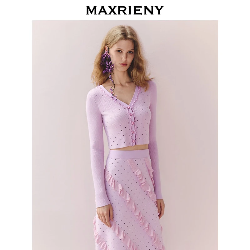 【达人专属】MAXRIENY20秋季浪漫复古风华丽烫钻V领长袖修身上衣