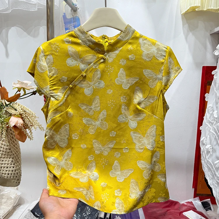 2025夏季新款韩版时尚立领国风斜盘扣蝴蝶印花人丝短袖衬衫女上衣