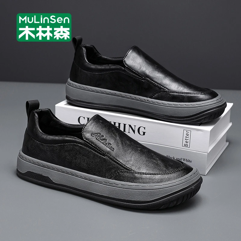 木林森男鞋2025新款一脚蹬乐福鞋商务厚底耐磨男士黑色休闲皮鞋