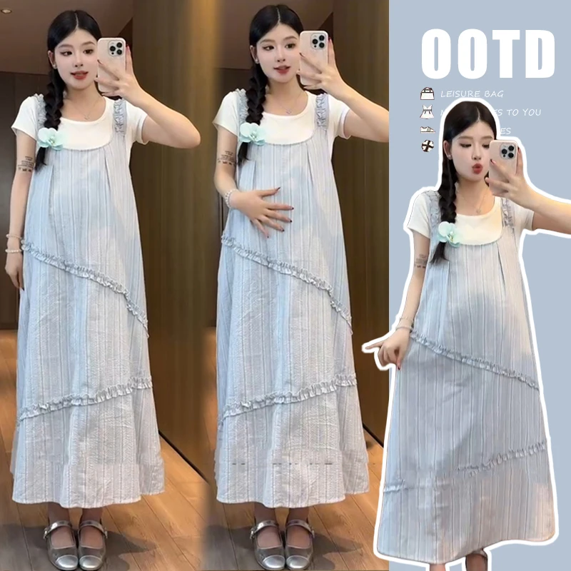 孕妇夏装连衣裙2025新款套装时尚小清新背带裙上衣两件套夏季薄款