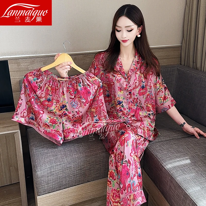 兰麦菓【莲戏】新中式短袖睡衣女士2025新款家居服三件套可外穿