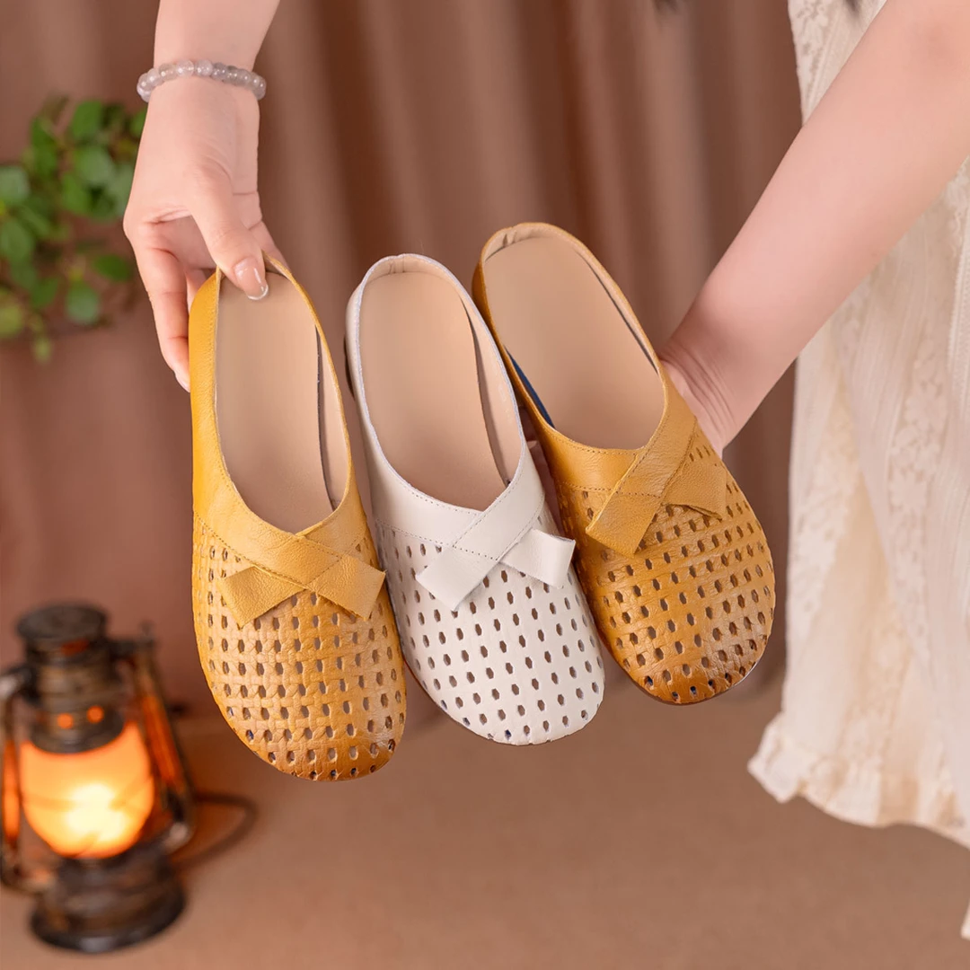 新款真皮休闲百搭透气软底镂空平底洞洞舒适包头拖鞋 98628