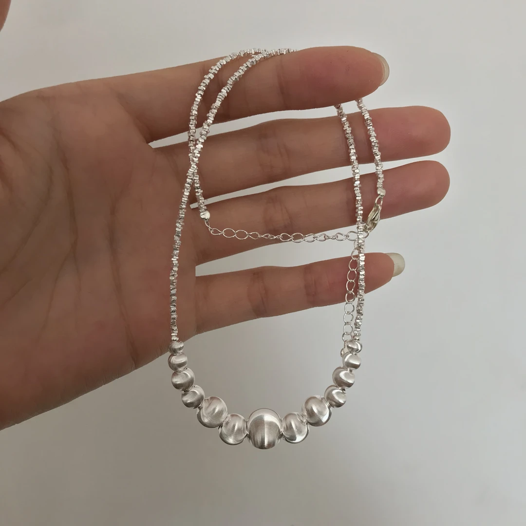 坠链均925银 s925纯银碎银子渐变圆珠拉丝猫眼项链小众百搭锁骨链