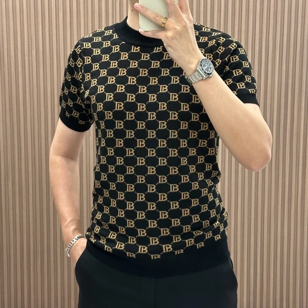 早春短袖毛衣男士针织衫时尚休闲高品质修身提花圆领打底衫T恤