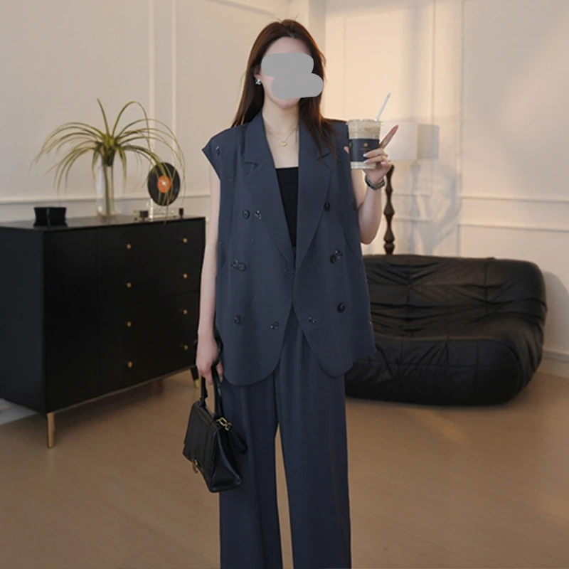 2025夏季新款韩版时尚通勤休闲百搭显瘦马甲上衣+阔腿裤两件套女