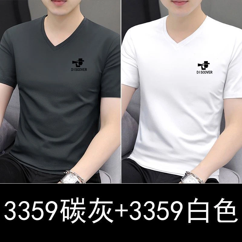 高档冰丝纯棉正品短袖T恤V领潮牌男装新ins时尚纯棉体恤衫打底衫