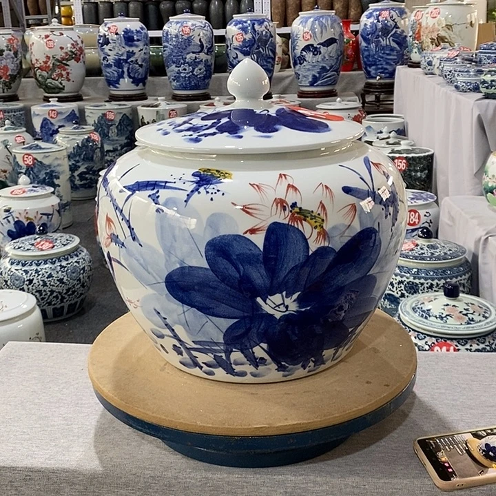 Q***醒瓷片青花荷花陶瓷圆罐