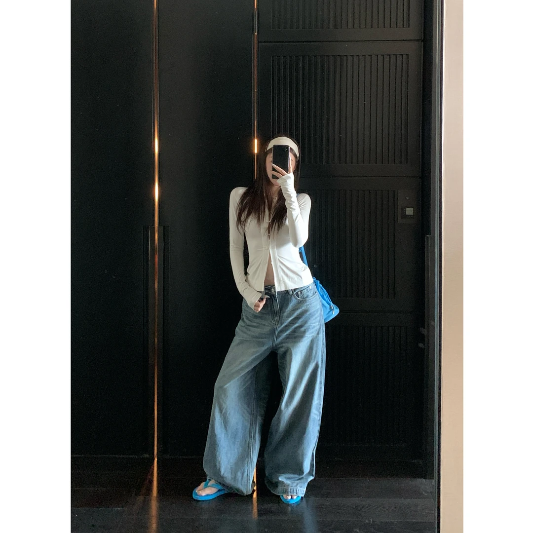 SKKSkk Store 加州假日 经典复古水洗阔腿长裤宽松拖地牛仔裤女
