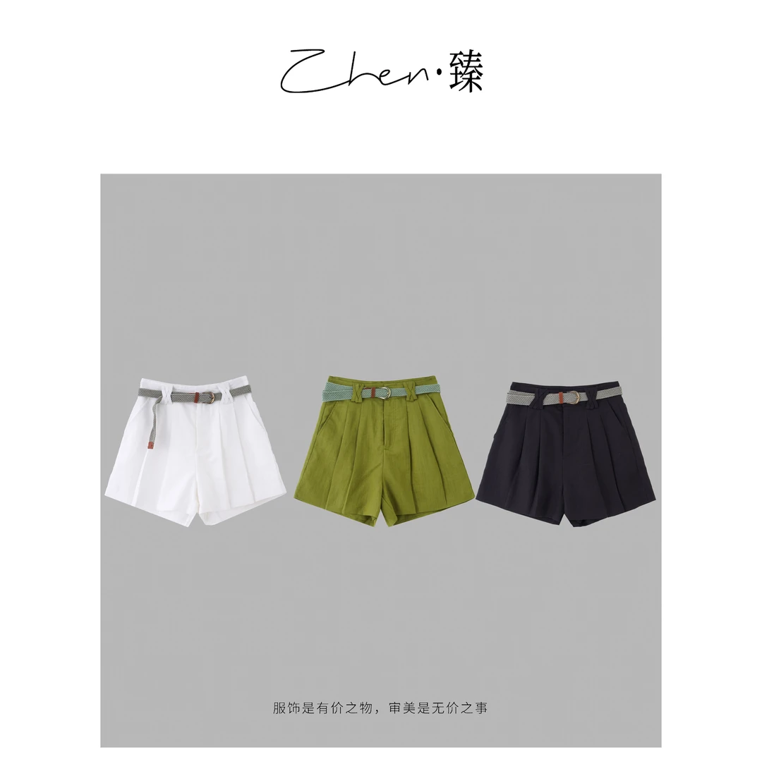 ZHEN.臻 韩系显瘦高腰A字版阔腿带设计感腰带亚麻短裤DK7965Z
