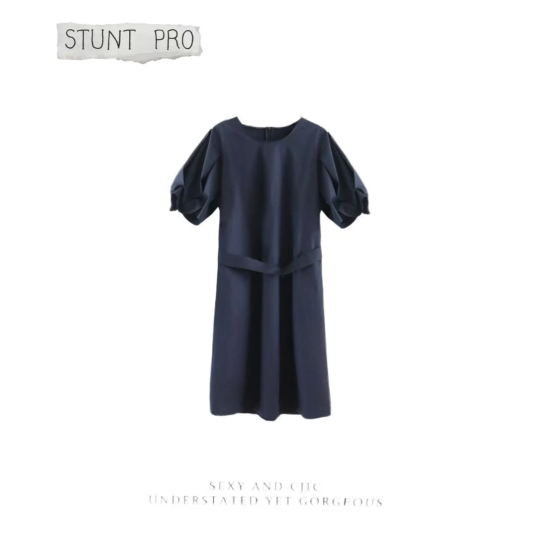 小众设计师款蓝色圆领堆堆袖收腰显瘦连衣裙夏季新款1612-b