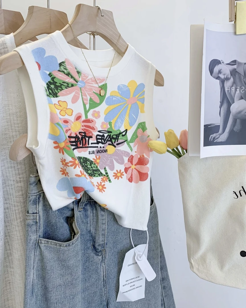 （50-250）夏季薄款涂鸦花朵印花针织短袖毛针织衫防晒开衫显瘦百塔