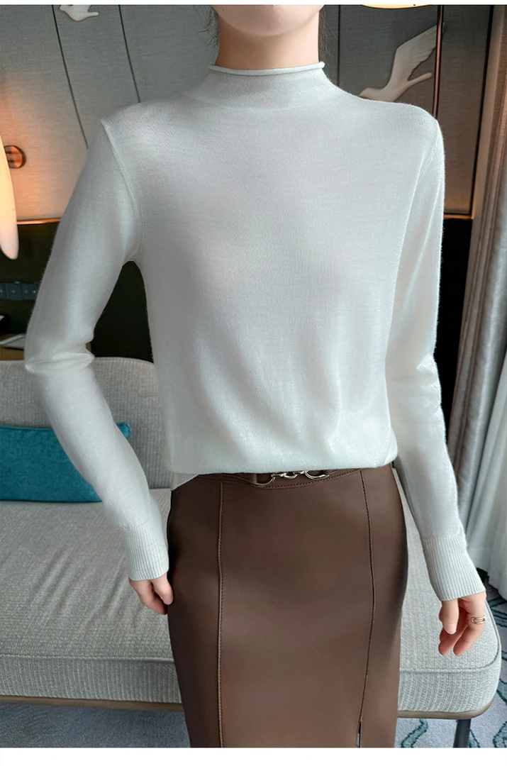 精纺纯羊毛16针卷边打底衫（zhi禾同款）