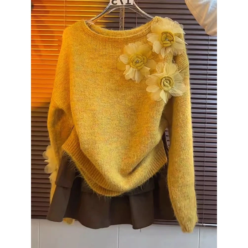 大码立体花朵套头毛衣黄色慵懒风针织衫长袖上衣半身裙搭配两件套