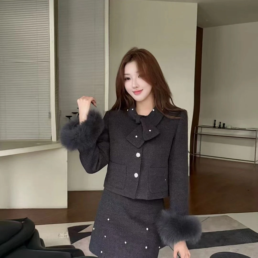 小香风羽羽短裙套装秋冬新款富家千金气质时尚