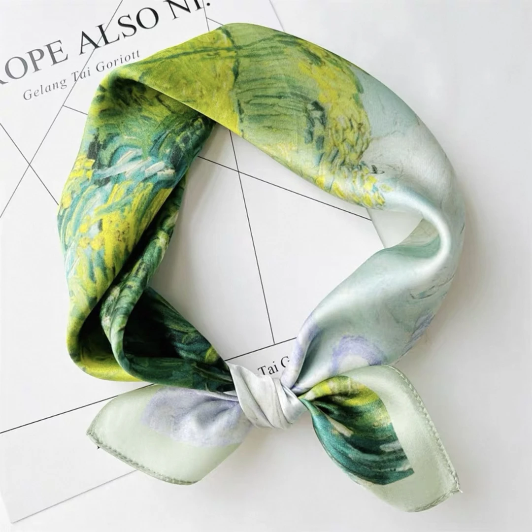 桑蚕丝丝巾单面绿色油画绿意53方巾气质高端真丝女士百搭丝巾A104