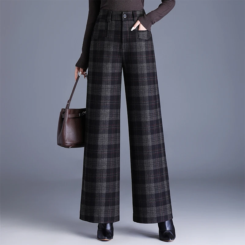高品质加厚毛呢格子阔腿裤女2025秋冬新款高腰垂顺长裤韩版直筒裤