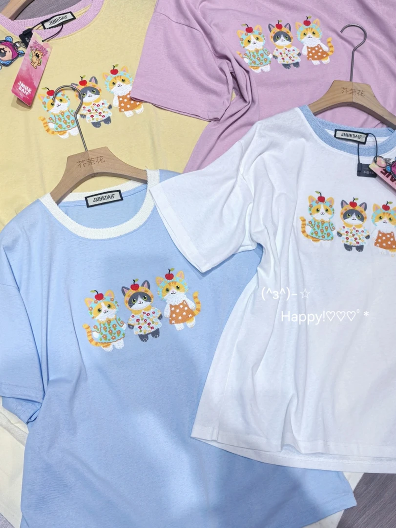 晴晴家-【三只小花猫T恤】韩系雪花棉三只小花猫T恤0175