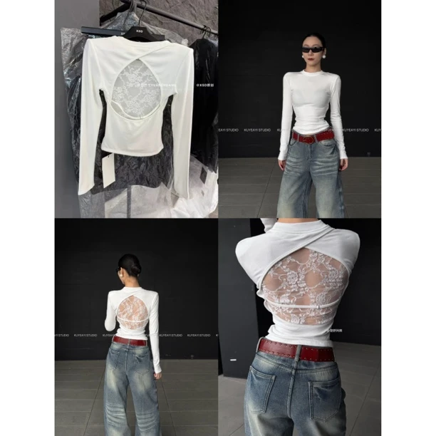 KUYEAYI / 1809磨毛蕾丝拼接镂空后背设计感上衣