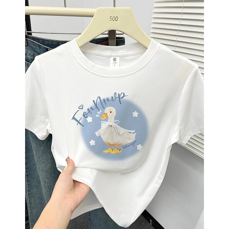 韩系ins小鸭子印花正肩短袖t恤女夏季2025新款时尚洋气圆领上衣