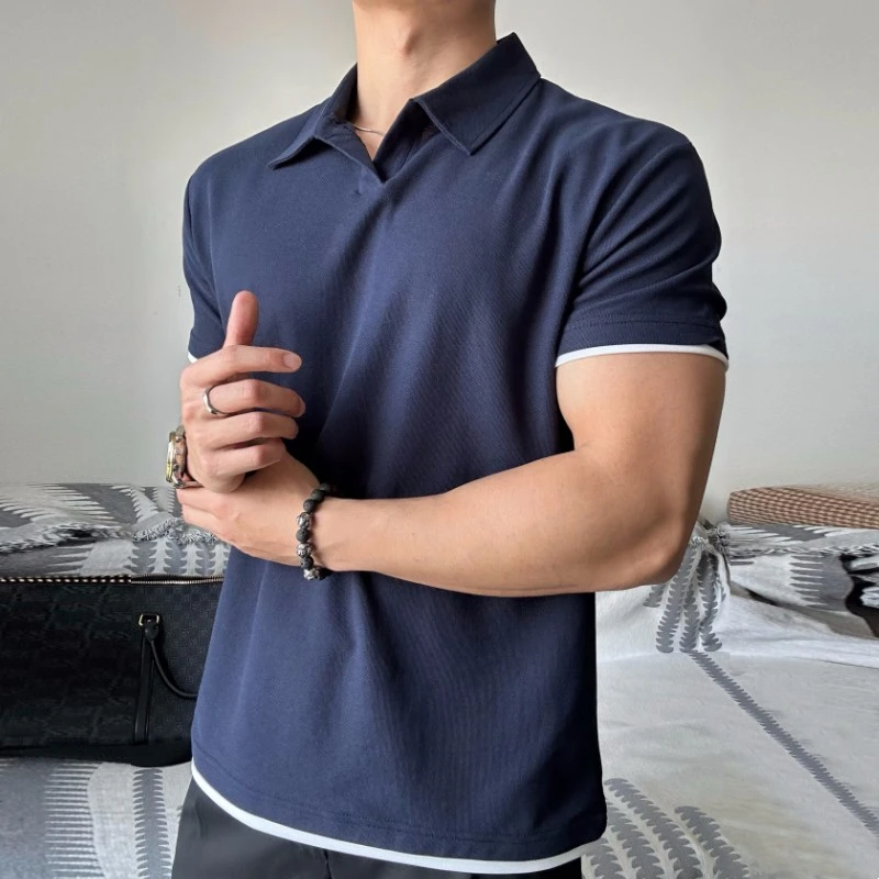 polo衫休闲男生假两件翻领休闲夏季韩版修身短袖收袖口健身t恤服