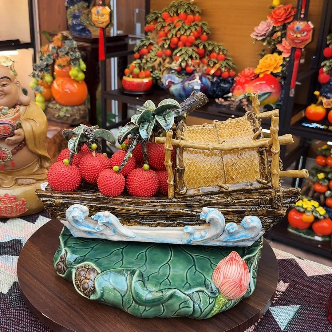 祥***红陶瓷荔枝船配荷叶盘精品
