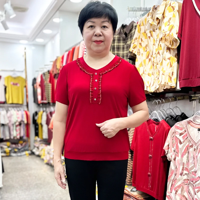 时尚减龄妈妈装短袖T恤中年女士洋气喜婆婆小衫大码弹力上衣薄