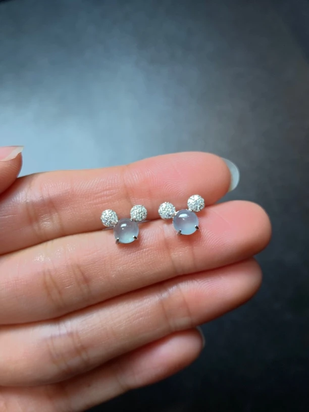 s925银镶天然A货翡翠米奇耳钉