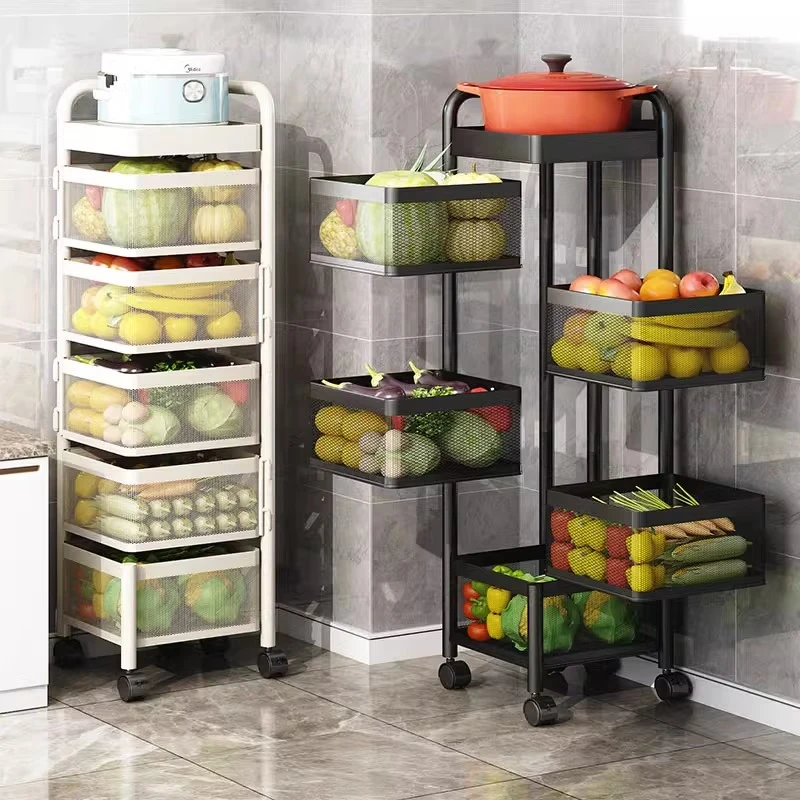优勤厨房旋转置物架多功能落地果蔬菜篮子家用小推车多层收纳架子