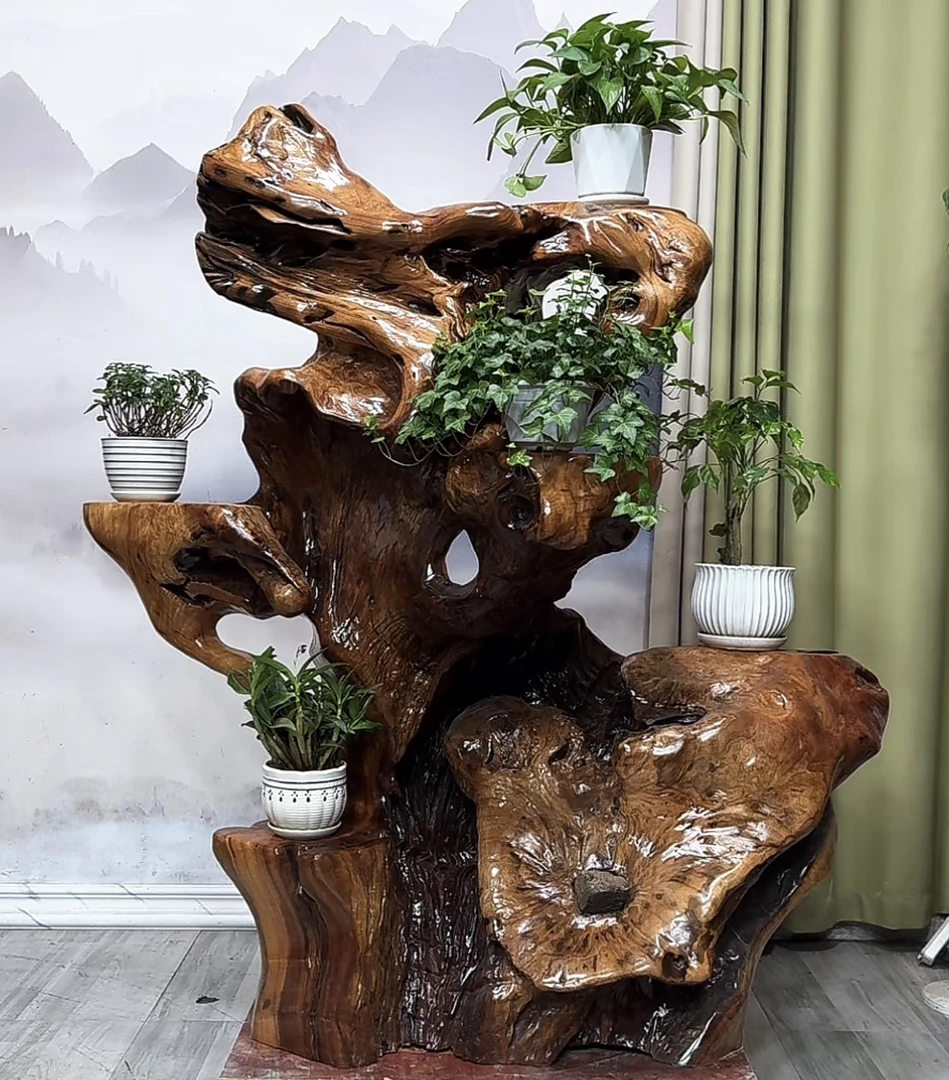 实木根雕花架天然艺术香樟木根艺客厅落地多层树根底座摆件盆景架