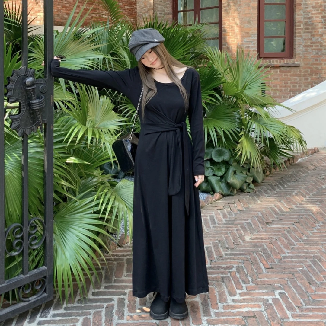 高个子垫肩加长大码腰上绑带有设计感气质显瘦连衣裙