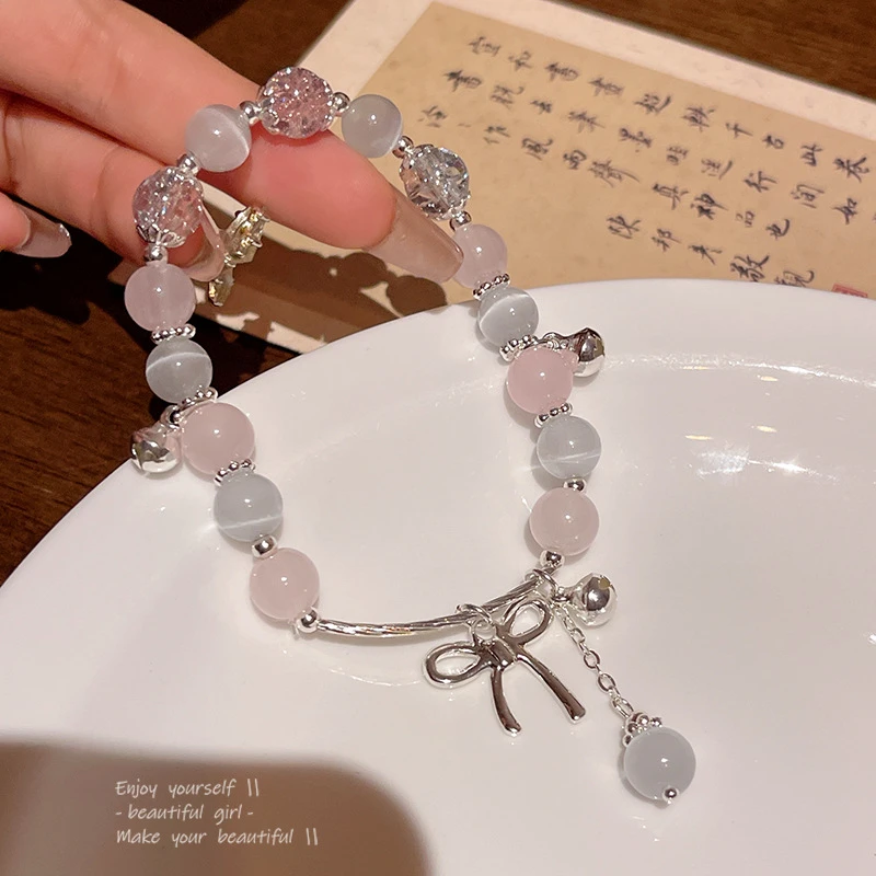 合金手链 韩系爆款百搭气质猫眼石串珠手串简约高级感蝴蝶结手链